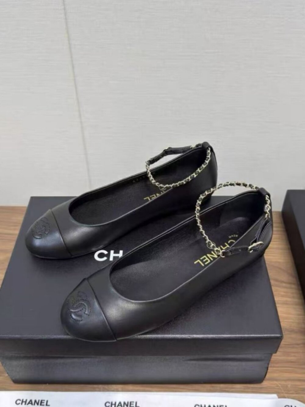 CHANEL Black Cap‑Toe Chain Ankle‑Strap Embroidered CC Ballet Flats